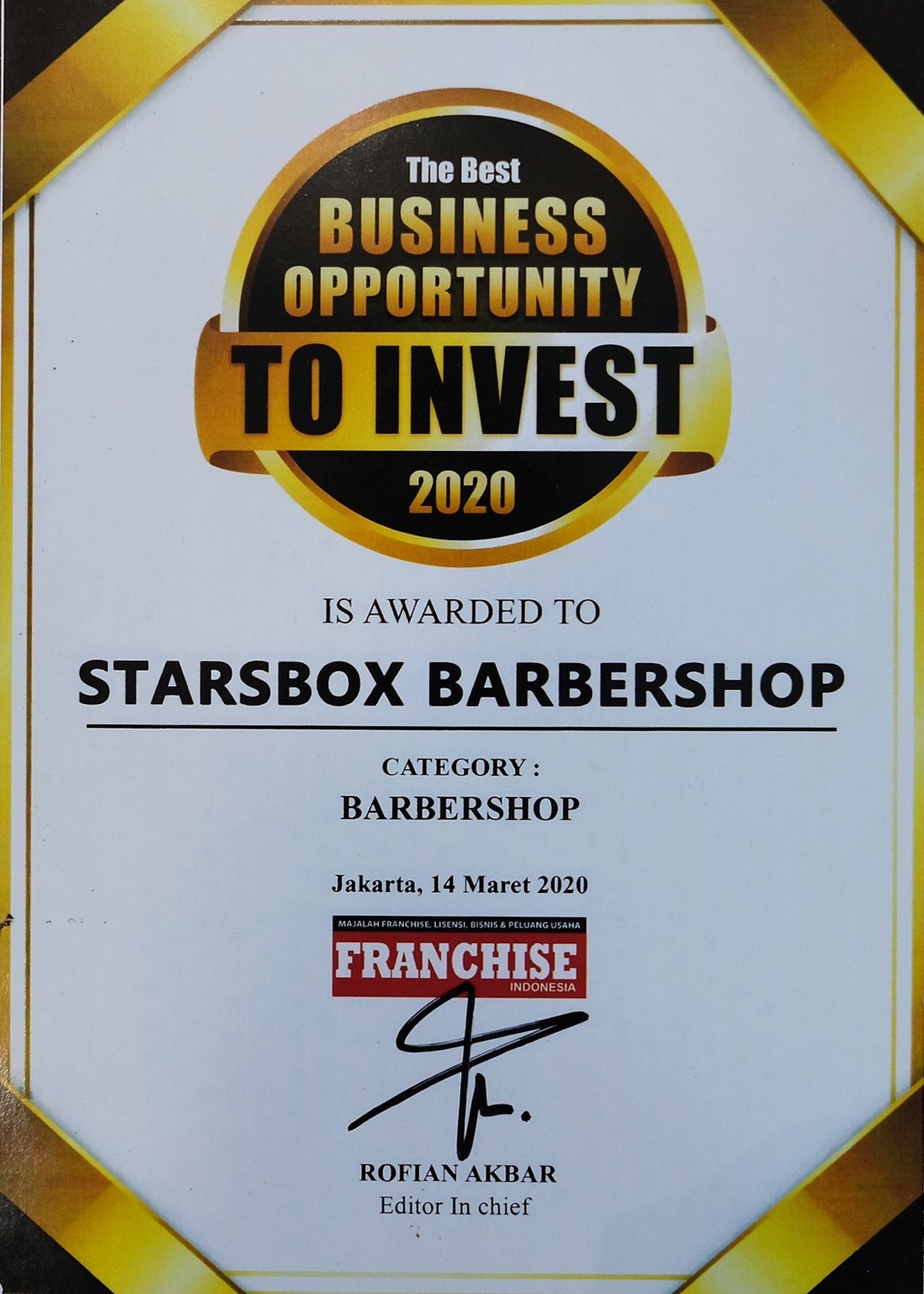 Sertifikat The Best Business Opportunity To Invest 2020